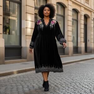 Johnny Was Dress Flores velvet Midi dress with floral embroidery Plus size 1X